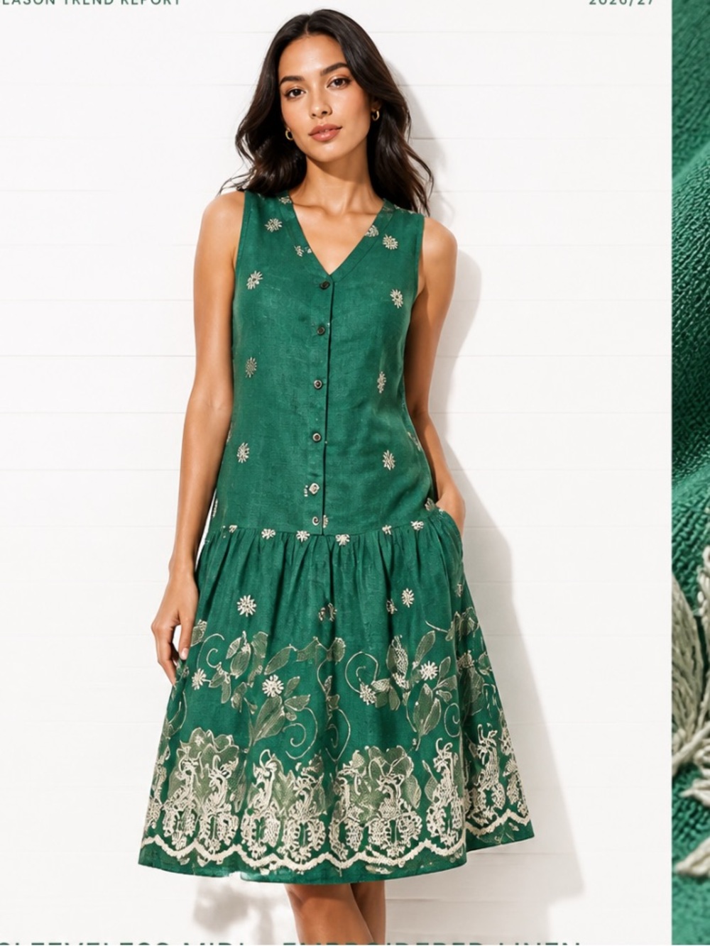 Anthropologie MAEVE Pippa Dress Linen Embroidered Green White Sleeveless Small